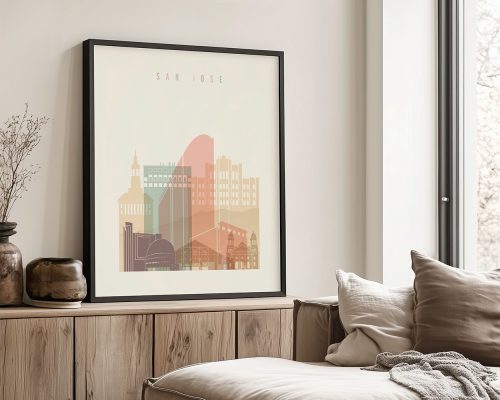 Framed art print featuring a stylized cityscape of San Jose with various building silhouettes.