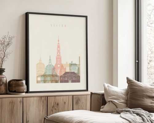 Framed print of the cityscape of Leiden featuring notable buildings and structures.
