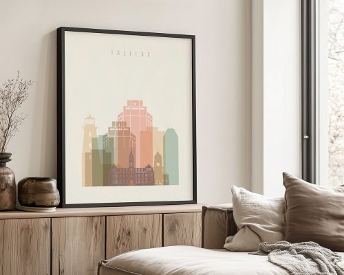Illustration of Halifax city skyline featuring various buildings in muted colors.
