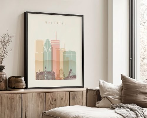 Framed artwork depicting a stylized cityscape of Montreal with various buildings and landmarks.