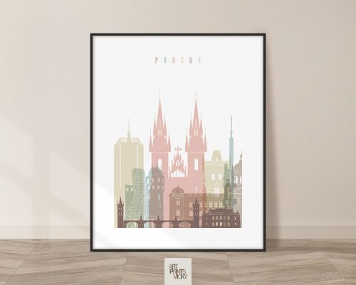Art print featuring a stylized cityscape of Prague with notable buildings and structures.