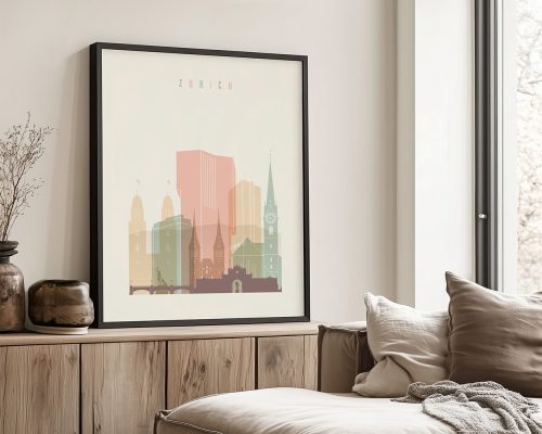 Art print of Zurich cityscape featuring buildings and landmarks in pastel colors.