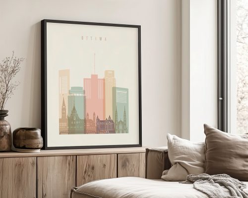 Framed artwork depicting a stylized cityscape of Ottawa with various building silhouettes.
