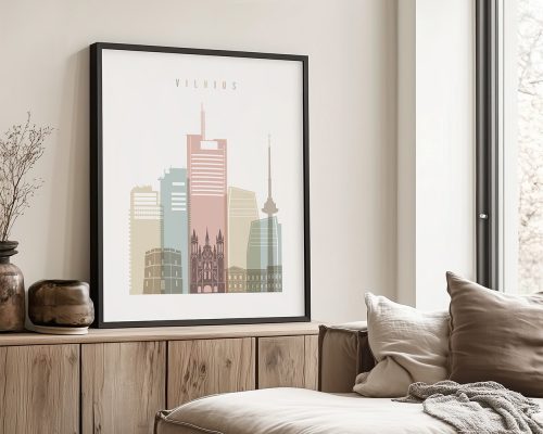 Art print of Vilnius city skyline featuring modern and historical buildings in muted colors.