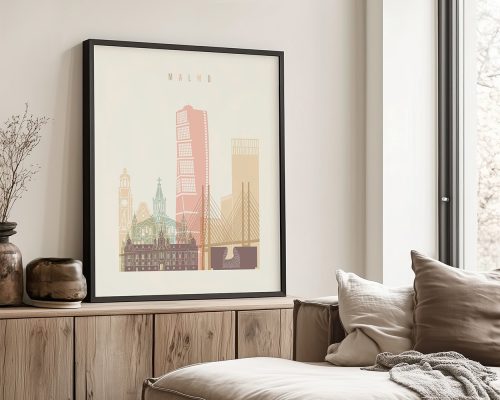 Framed artwork depicting a cityscape of Malmo with various buildings and structures.