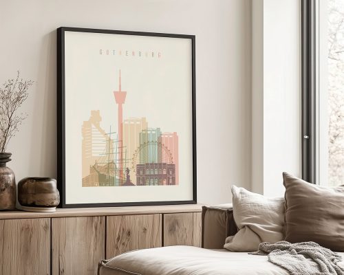 Framed artwork depicting a cityscape of Gothenburg with notable buildings and structures.