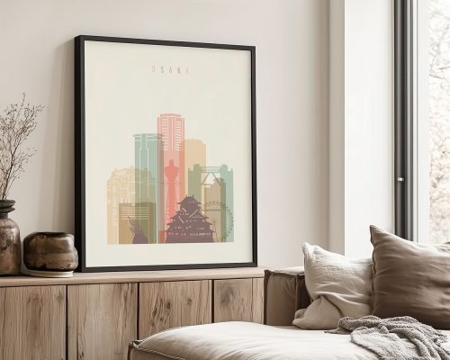 Framed artwork depicting a stylized cityscape of Osaka with notable buildings and landmarks.