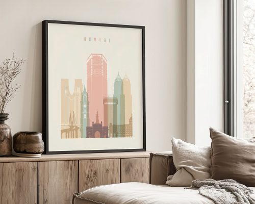 Framed art print of Mumbai cityscape featuring iconic buildings and landmarks.