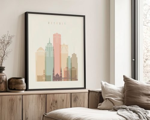 Art print of a stylized Detroit skyline featuring various buildings in pastel colors.
