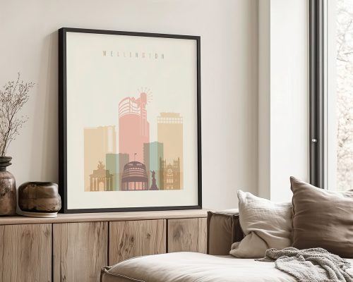 Art print featuring a stylized illustration of Wellington's skyline with buildings in various colors.