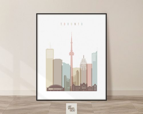 Illustration of Toronto skyline featuring the CN Tower and various buildings in pastel colors.