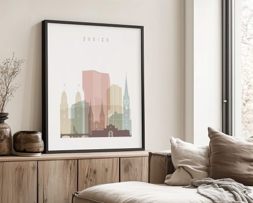 Art print of Zurich cityscape featuring various buildings and landmarks in muted colors.
