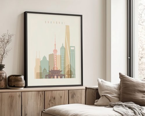 Framed illustration of Shanghai's skyline featuring notable buildings in soft colors.