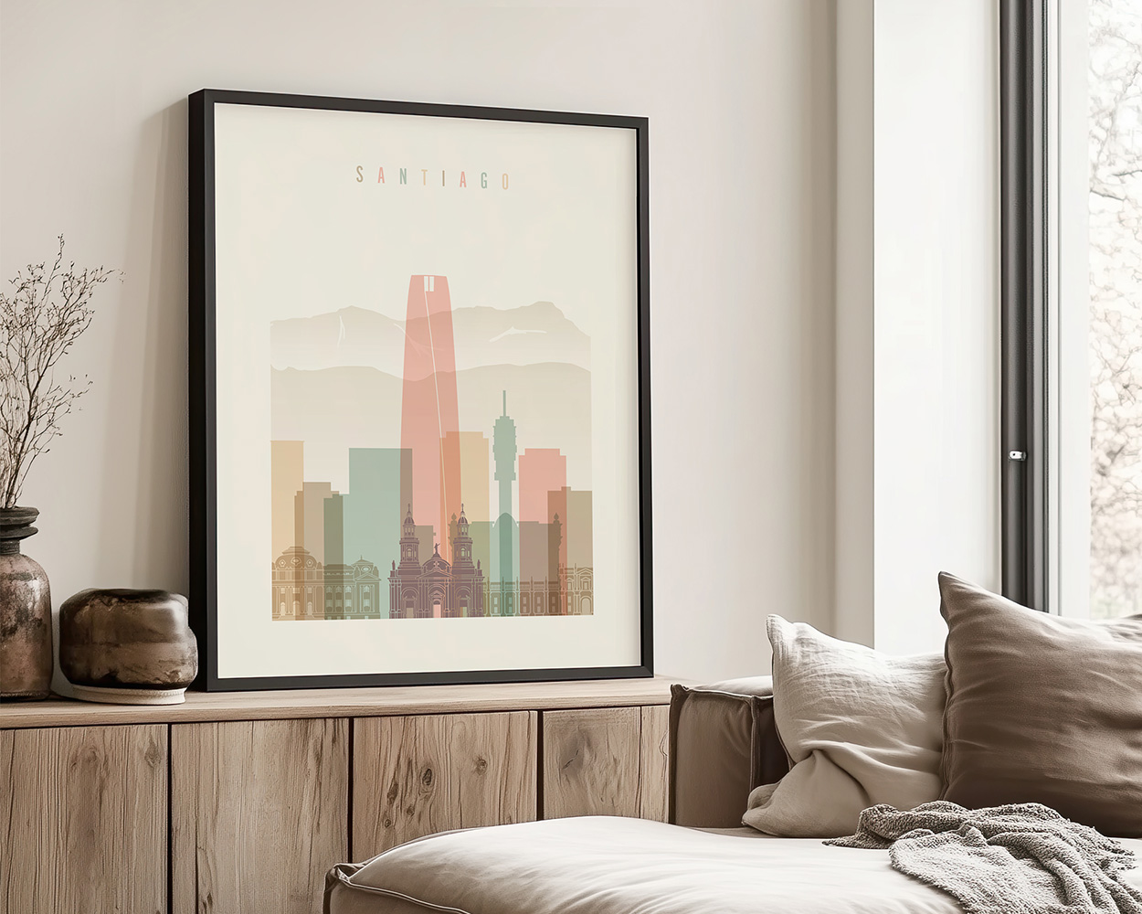 Framed print of Santiago city skyline featuring various buildings and mountains in the background.