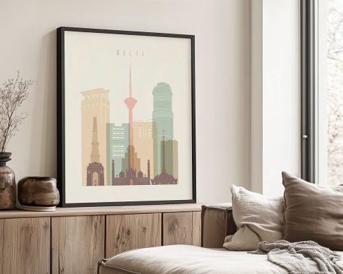 Stylized illustration of Delhi's skyline featuring notable buildings and structures.