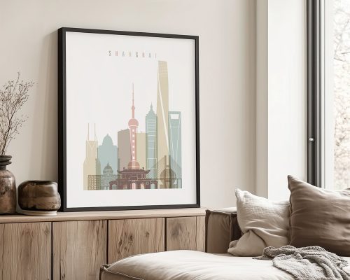 Framed art print of Shanghai's skyline featuring notable buildings and structures.