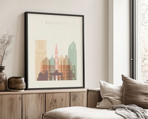 Art print featuring a stylized cityscape of Brussels with various buildings and a neutral background.