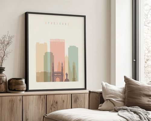 Framed illustration of Hyderabad cityscape featuring iconic buildings and landmarks in pastel colors.