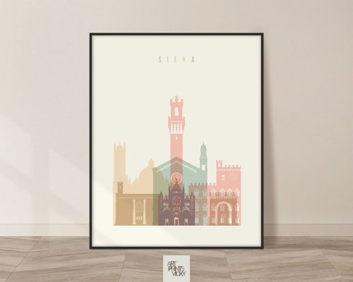 Art print featuring a stylized illustration of Siena's notable buildings in pastel colors.