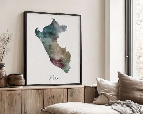 Watercolor map of Peru displayed in a black frame on a wall.