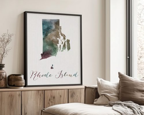 Framed watercolor map of Rhode Island with artistic colors and the state name below.