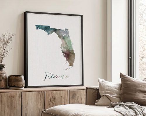 Watercolor illustration of the state of Florida in shades of green and blue with the word 'Florida' below.