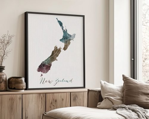 Watercolor map of New Zealand framed and displayed on a wall with decorative elements.