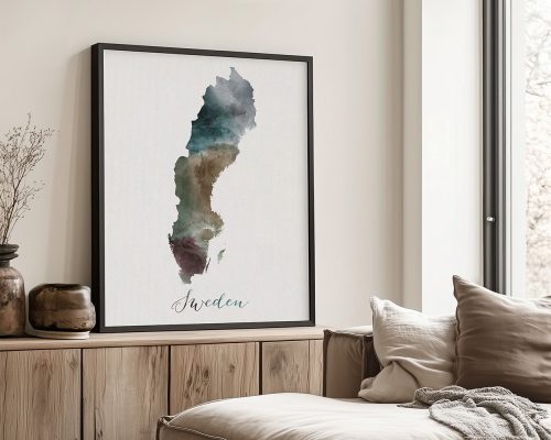 Watercolor illustration of Sweden's outline in muted colors, framed and displayed on a wall.