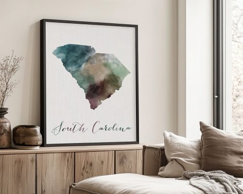 Watercolor map of South Carolina framed on a wall with decorative elements.