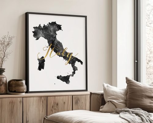 Black and gold map of Italy with the word 'Italy' in elegant script displayed in a frame.