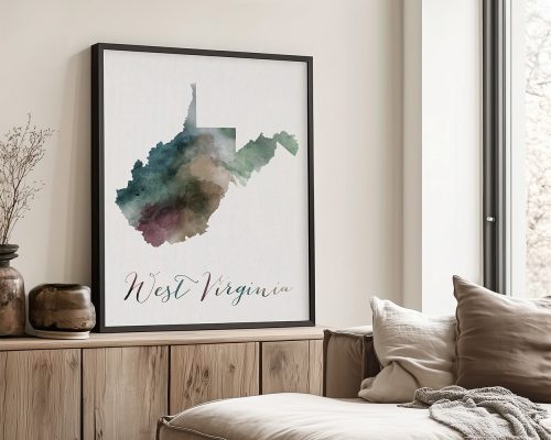 Watercolor map of West Virginia framed and displayed on a wall with decorative elements.