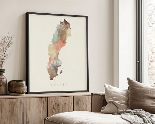 Watercolor illustration of Sweden in soft colors, framed and displayed on a wall.