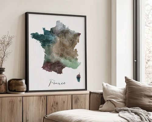 Watercolor map of France displayed in a black frame, featuring various shades of green and brown.