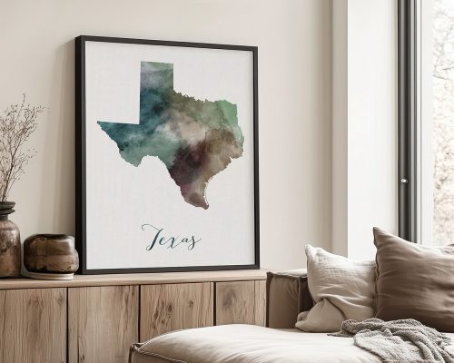 Watercolor art print of the state of Texas in shades of green and purple with the word 'Texas' at the bottom.
