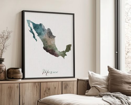 Artistic map of Mexico featuring a watercolor design in muted colors.
