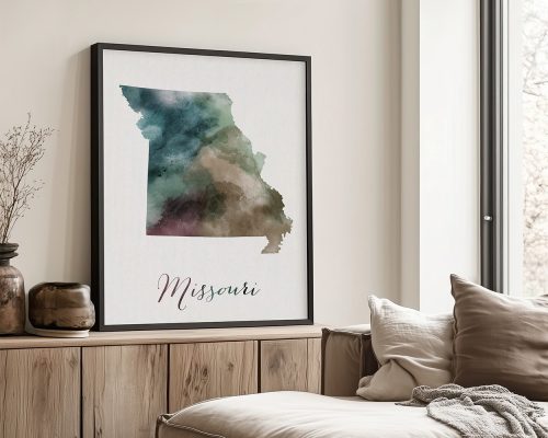 Watercolor illustration of the state of Missouri framed and displayed on a wall.