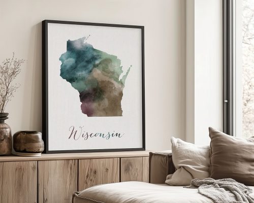 Art print of the state of Wisconsin in watercolor style with the word 'Wisconsin' below it.