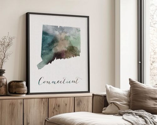 Framed watercolor map of Connecticut with a soft color palette displayed on a wall.