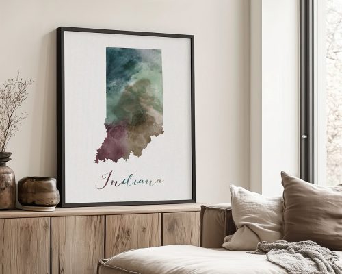 Framed watercolor map of Indiana with a soft color palette and the word 'Indiana' at the bottom.
