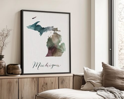 Watercolor illustration of the state of Michigan with a decorative font spelling 'Michigan'.
