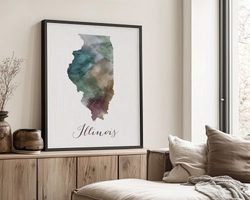 Watercolor illustration of the state of Illinois with a blend of colors and the word 'Illinois' at the bottom.