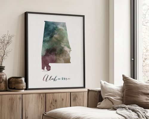 Watercolor illustration of the state of Alabama with the word 'Alabama' at the bottom.