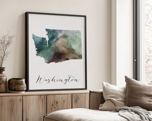 Watercolor map of Washington State framed and displayed on a wall.