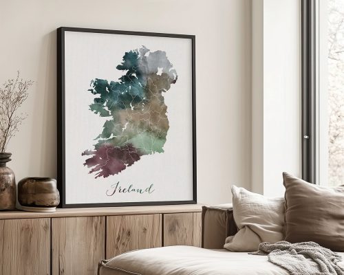 Watercolor map of Ireland displayed in a black frame on a wall.