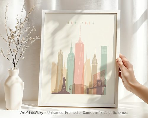 Art print of New York City skyline featuring iconic buildings and the Statue of Liberty.