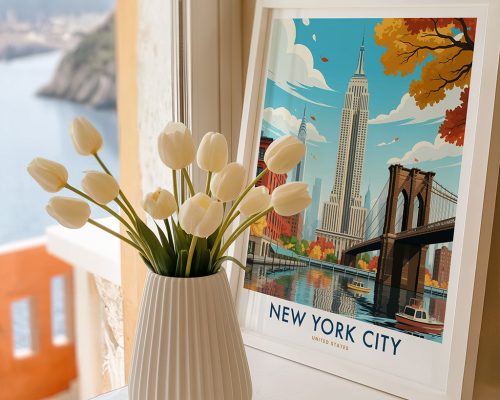 New York City travel poster featuring Empire State Building, Brooklyn Bridge, and Manhattan skyline with autumn foliage, yellow water taxi, and vintage retro illustration style