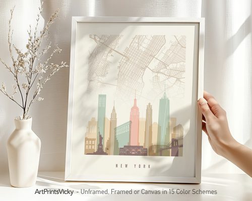Art print of a stylized map of New York City with skyline elements in pastel colors.