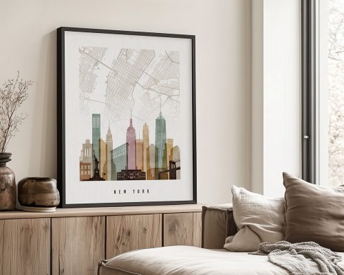 Artistic representation of a New York City map with a skyline illustration in muted colors.