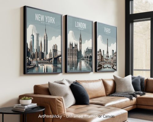 Framed prints of New York, London, and Paris cityscapes displayed on a wall.
