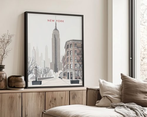 Minimalist artwork featuring the Empire State Building and a city street scene in New York.